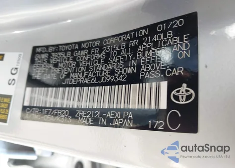 2020 Toyota Corolla Le из США, поврежденный, VIN JTDEPRAE6LJ099342